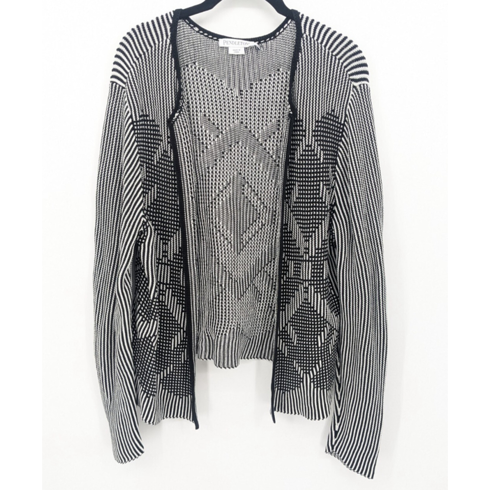 Pendleton‎ Cardigan Women Large Black White Cotton Aztec Mature Modest Sweater